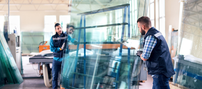 Contractors moving window panes inside of a building under construction